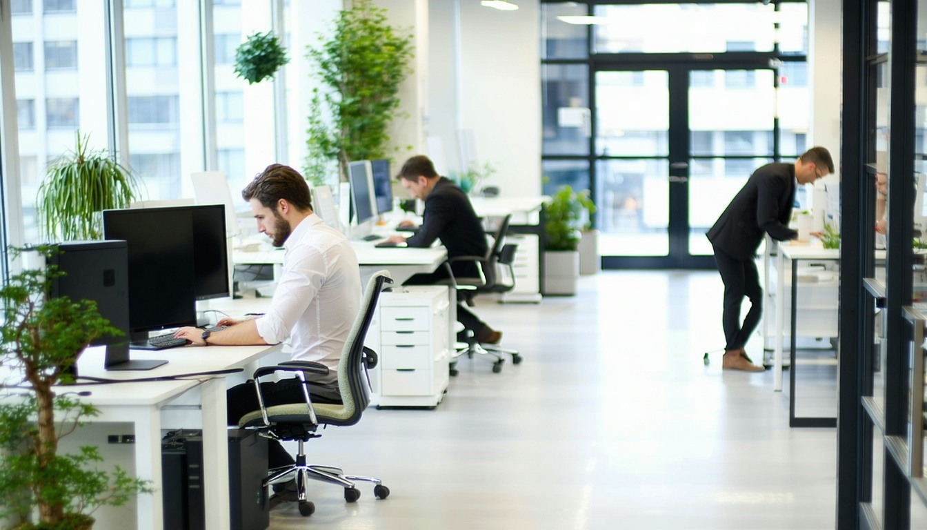 A pristine office environment with employees worki