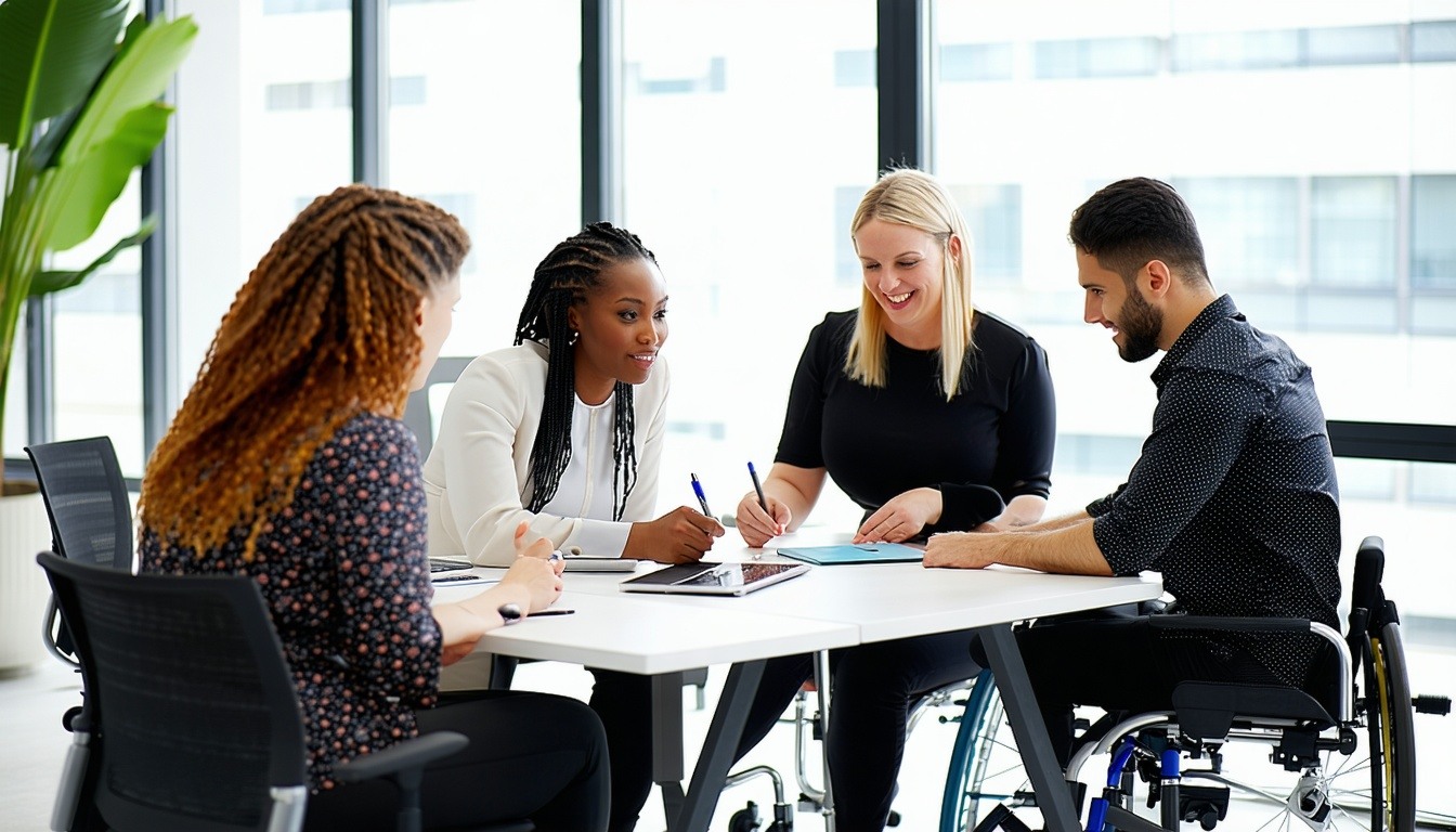 A diverse group of professionals collaborating in an accessible workplace
